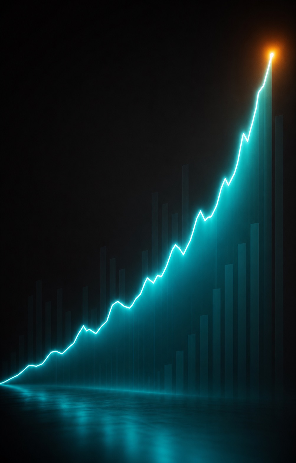 A glowing revenue line climbing steeply to a peak — closed revenue compounding